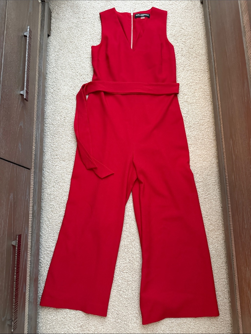 Karl Lagerfeld Vibrant Red Sleeveless Wide-Leg Jumpsuit with Belt